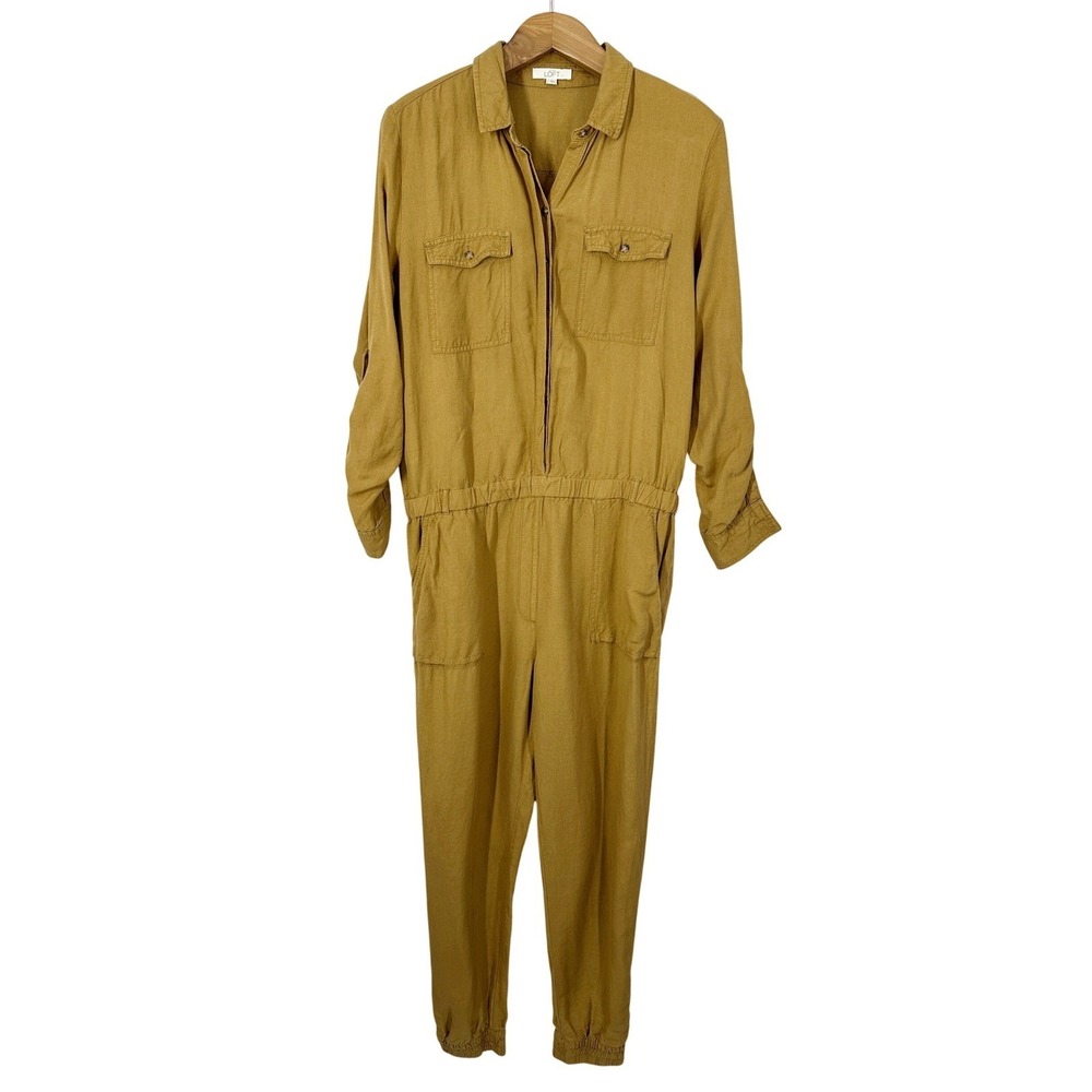 LOFT Linen Long Sleeve Golden Mustard Coverall Jumpsuit Women's Size Large
